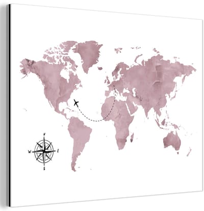 Aluminium schilderij 40x30 cm - Wanddecoratie metaal - Wereldkaart - Roze - Vliegtuig - Metalen muurdecoratie woonkamer - Decoratie industrieel - Foto op dibond - Industriële accessoires slaapkamer