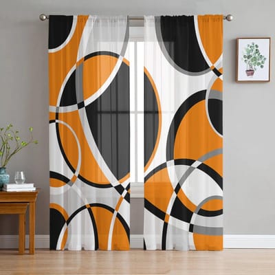 Geometrisch Abstract Rond Artistiek Oranje Slaapkamer Transparante Vitrage Vakantiedecoratie Raam Voile Tule Gordijn 135W x 137H(cm)