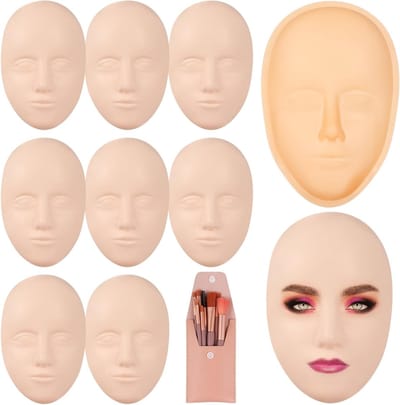 Complete Make-up Oefen Set met 8 Stuks Siliconen Mannequin Gezicht, Oefenbord en 8 Make-up Kwasten voor Beginners - Ideaal voor Gezichtsverf, Permanente Make-up en Kunstcreaties