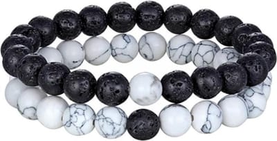 Fako Bijoux® - Dubbele Kralen Armband - Natuursteen Armband - Marmer Wit & Lavasteen