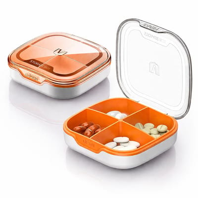 Pillen Doosje Oranje met 4 Vakken | Compact Medicijnendoosje | Tabletten- & Supplementenhouder | Reissetje