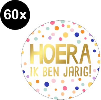 60x Sticker Hoera Ik Ben Jarig - 40mm - Hoera Goudfolie - Verjaardag - Sluitsticker - Sluitzegel - Cadeau Sticker - Stippen Multicolor - 60 Stuks