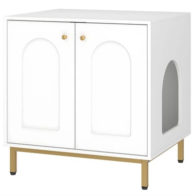 Kattenkast – Voor Binnenkatten – Kattenbak Kast met Deur, Houten Kattenhuis / Bijzettafel voor Huisdieren – 50 x 60 x 61 cm – Wit