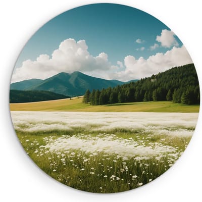 Saammp Muurcirkel Hout - Landschap - Witte bloemenveld met naaldbomen - Natuur - Ø 90 - Wandcirkel - Wanddecoratie Cirkel - Muurdecoratie Woonkamer - Slaapkamer decoratie - Rond Schilderij