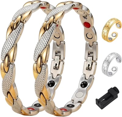 2 stuks, elegante magneetveldtherapie met 2 stuks magneetringen, Fit Plus armband, anti-vermoeidheid, slankarmbanden, lymfedrainage, ring, therapeutisch afslanken, verbetering van de