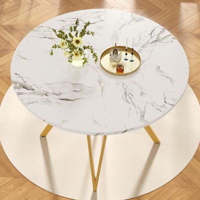Ronde eettafel 100x100x76 cm - keukentafel - koffietafel voor 4 personen - marmeren tafelblad - gouden tafelpoten