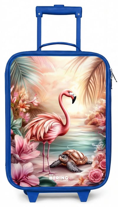 NoBoringSuitcases.com® - Kinderkoffer blauw - Kindertrolley jongen - Flamingo en schildpad op een roze strand. - Koffer kind lichtgewicht - Reiskoffer trolley voor kinderen - Koffertje met lichtgevende wieltjes - Rolkoffer