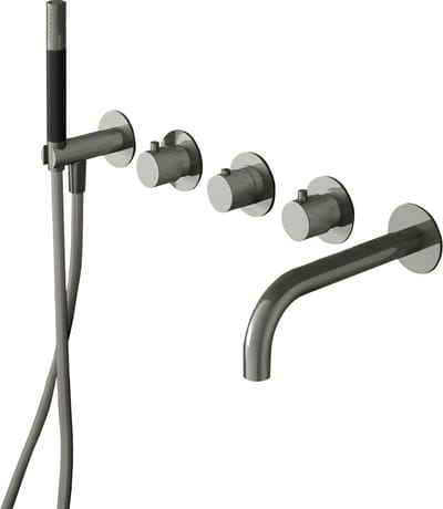 Hotbath Cobber CB7172EXT afbouwdeel inbouwthermostaat met staafhanddouche aan houder, 2 stopkranen en uitloop geborsteld nikkel