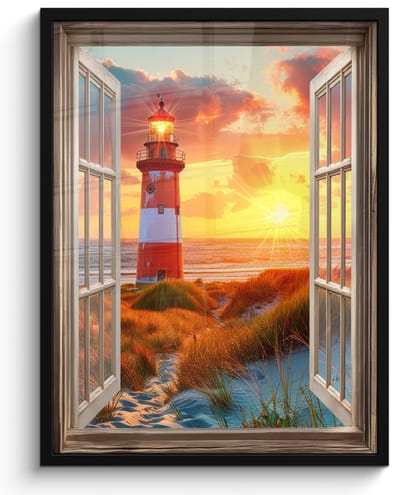 Poster in lijst - Fotolijst 60x80 cm - Posters - Doorkijk - Raam - Vuurtoren - Zonsondergang - Strand - Posterlijst zwart - Decoratie - Wanddecoratie woonkamer - Muurdecoratie slaapkamer