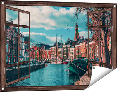 Gards Tuinposter Doorkijk Gracht in Groningen - 90x60 cm - Tuindoek - Tuindecoratie - Wanddecoratie buiten - Tuinschilderij