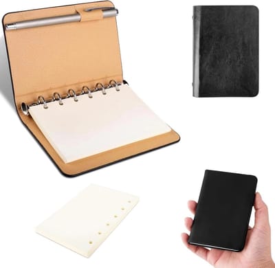 Herbruikbaar A7 notitieboek met 6 ringen, harde kunstleren kaft en glad, beige papier voor notities en schetsen