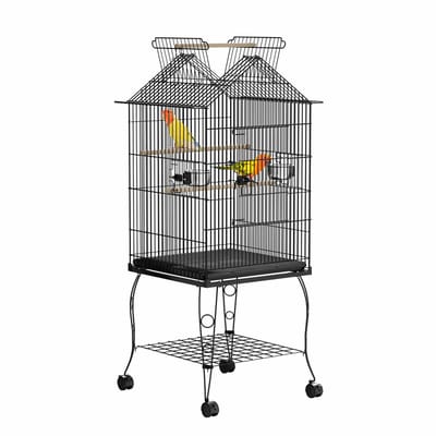 Froadp Vogelkooi met standaard Parkietkooi met te openen dak 55 x 55 x 145 cm Vogelvolière Papegaaienkooi Druppelvormige vogelkooi met voederhuisje en zitstok van hout voor parkieten