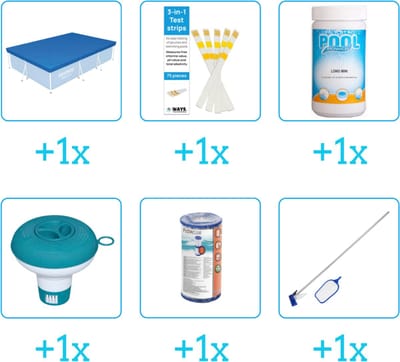 Accessoires voor Bestway Steel Pro Zwembad - 300x201x66 cm - Rechthoekig - Met filterpomp - Bestway - 56411 - Afdekzeil - Testrips - Chloor - Chloordrijver - Filter - Schoonmaakset