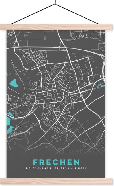 Posterhanger incl. Poster 60x90 cm - Schoolplaat - Stadskaart – Frechen – Duitsland – Plattegrond – Kaart - Textielposter - Blanke latten - Stadskaart