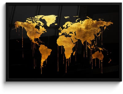 Poster in lijst - Fotolijst 90x60 cm - Posters - Wereldkaart - Goud - Druipen - Zwart - Posterlijst zwart - Decoratie - Wanddecoratie woonkamer - Muurdecoratie slaapkamer