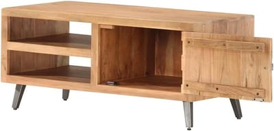 Salontafel industriële stijl antiek uit massief hout acacia met stalen poten, deur en 2 vakken in het formaat 90x45x40 cm