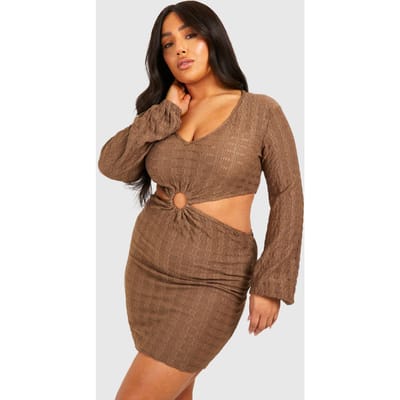 boohoo Dames Plus Jersey Gebreide O-Ring Strandjurk | Chocoladebruin | Maat: 50