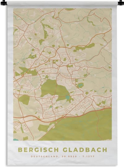 Wandkleed - Wanddoek - Bergisch Gladbach - Plattegrond - Kaart - Stadskaart - Vintage - 120x180 cm - Wandtapijt