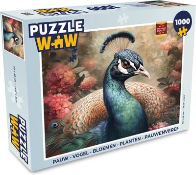 Puzzel Pauw - Vogel - Bloemen - Planten - Pauwenveren - Legpuzzel - Puzzel 1000 stukjes volwassenen