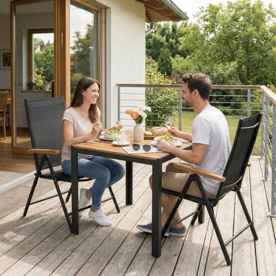 alkonset 3-delig met verstelbare klapstoelen en tafel 75x75 cm – Aluminium tuinset met WPC tafelblad, weerbestendig – Compacte tuinmeubelset teakbruin/grijs – Urbanhome