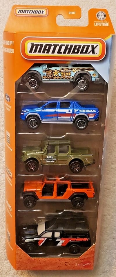 MATCHBOX 5 IN BOX 2010 FORD F-150 SVT RAPTOR, TOYOTA HILUX PICKUP, SWAMP RAIDER '20 JEEP GLADIATOR, 2016 TOYOTA TACOMA METAL (1:64) 5-PACK