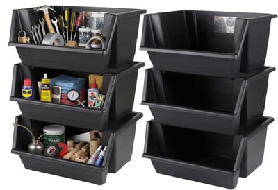 Urban Living Opberg bakken stapelbaar - 6x stuks - 45 x 66 cm - zwart - kunststof - garage / schuur