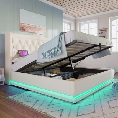 VVBV Gestoffeerd Opbergbed 180x200 cm - LED-Verlichting, USB-C Laadstation, Opbergruimte, Glijbaan - PU-Leer Wit Zonder Matras