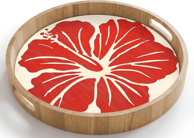 Dienblad rond 40x40 cm - Schootdienblad hout - Rode hibiscusbloem - Textuur achtergrond - Beige - Borrelplank rechthoek - Plateau houten dienbladen