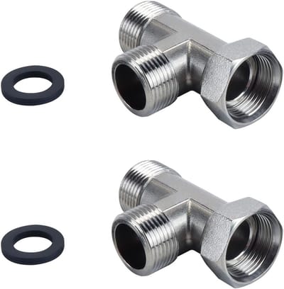 Allecto - 304 roestvrij staal 3-weg rechts flexibele T-stukconnector - BSP - wartelmoer - buis voor sproeier - hoekklep - slang - wandgemonteerde kraan - geschikt voor merk - 2 stuks