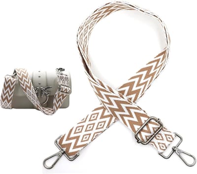 Verstelbare Boho Schouderband voor Tassen, Breed 3.8 cm, 80-141 cm, Inclusief Karabijnhaak voor Handtassen en Schoudertassen (Wit met Bruin)