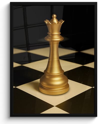 Poster in lijst - Fotolijst 50x70 cm - Posters - Koningin - Schaakstuk - Geblokt - Goud - Posterlijst zwart - Decoratie - Wanddecoratie woonkamer - Muurdecoratie slaapkamer