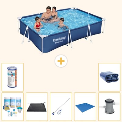 Bestway Rechthoekig Steel Pro Zwembad - 300 x 201 x 66 cm - Blauw - Inclusief Onderhoudspakket - Solar Mat - Schoonmaakset - Grondzeil - Filter - Zwembadfilterpomp - Solarzeil - 8-delig