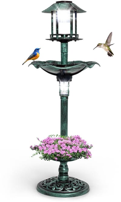 COSTWAY Vogelbad met solarlamp, bloempot, vogelvoederhuis en vulbare standaard, retro voederdispenser, vogelvoederdispenser, wilde vogelbad, tuin, Ø 43 x 110 cm (groen)