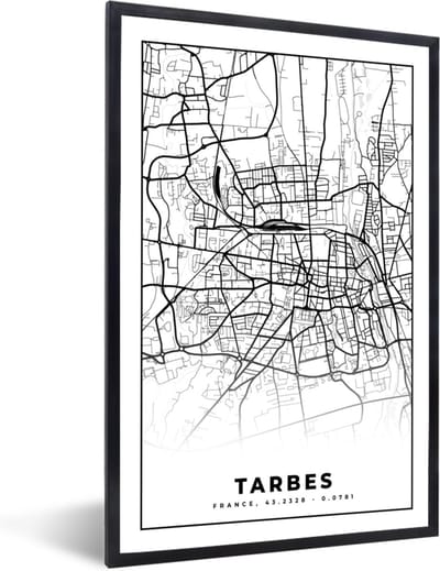Fotolijst incl. Poster Zwart Wit- Kaart - Tarbes - Plattegrond - Frankrijk - Stadskaart - Zwart wit - 40x60 cm - Posterlijst