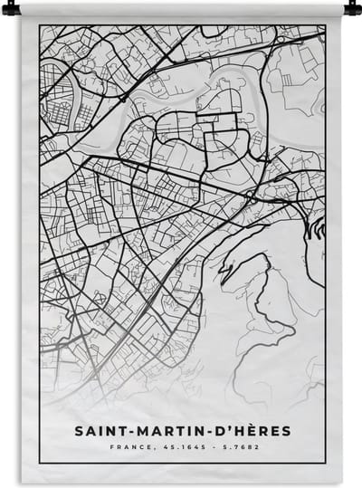Wandkleed - Wanddoek - Stadskaart – Plattegrond – Kaart – Saint-Martin-d'Hères - Frankrijk - Zwart wit - 120x180 cm - Wandtapijt