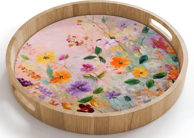 Dienblad rond 40x40 cm - Schootdienblad hout - Schilderij - Bloemen - Abstract - Kleurrijk - Borrelplank rechthoek - Plateau houten dienbladen