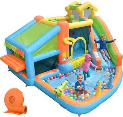 Opblaasbaar waterpark voor kinderen met blower, glijbaan, basketbalring, speelkeuken, Oxford-stof, speeltoestel voor buiten, springkussen voor buiten, opblaasformaat: 360*350*210 cm