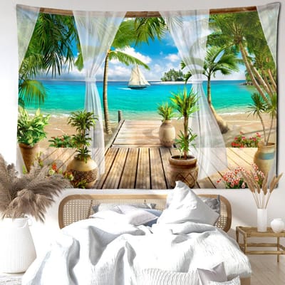 Zeilboot Kustlandschap Wandtapijt Muurhanger Natuurlandschap Esthetiek Kamer Woonkamer Decor Achtergronddoek 95x70CM blue