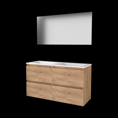 Basic-Line Basic 46 Badkamermeubelset - 120 x 46 cm - Greeploos - 4 Lades - Acryl Wastafel - Zonder Kraangat - Spiegel - Whisky Oak