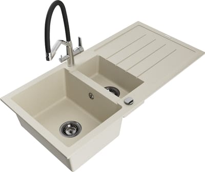 Mexen Andres granieten spoelbak 1,5-komoren met afdruiprek en keukenkraan Duo, beige - 6515-69-671701-07-B