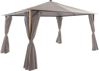 sweeek - Paviljoen voor de tuin 4x3m met gordijnen en led-verlichting aluminium met houteffect - veluna