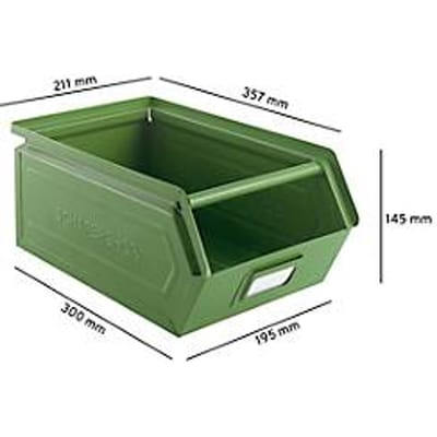 Magazijnbak - staal - met open voorzijde en draagbeugel - L 357 x B 211 x H 145 mm -  8,5 l - draagvermogen - 60 kg - RAL 6011 resada groen - ons merk Schäfer Shop Select