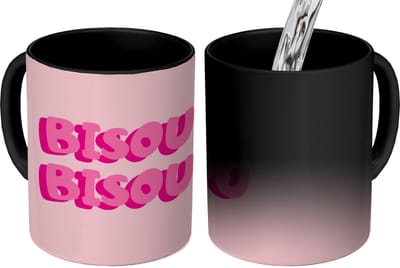 Magische Mok - Foto op Warmte Mokken - Koffiemok - Bisou - Roze - Dikke letters - Magic Mok - Beker - 350 ML - Theemok - Mok met Tekst