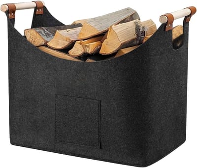 BRENZOOS- Brandhoutmand met houten handvat - Opvouwbaar - Vilten tas - Donkergrijs - 45 x 32 x 40 cm - Extra grote capaciteit - Haardhoutmand