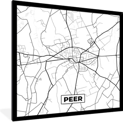 Fotolijst incl. Poster Zwart Wit- Plattegrond – Peer – Zwart Wit – Stadskaart - Kaart - België - 40x40 cm - Posterlijst