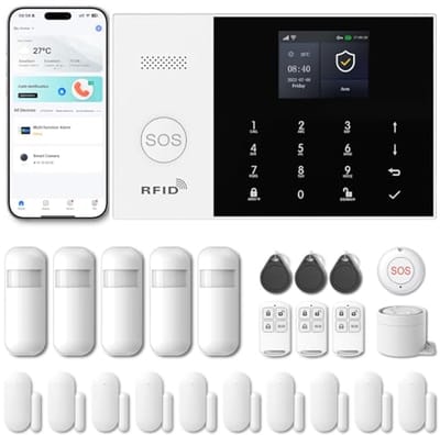 Draadloos Huisalarm met 10 Deur- en Raamsensoren, GSM WIFI inbraakalarm met Sirene, Compatibel met Alexa en Google Assistant