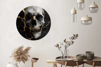 WallCircle - Wandcirkel - Muurcirkel - Goud - Abstract - Schedel - Eng - Dood - Aluminium - Dibond - 90x90 cm - Binnen en Buiten