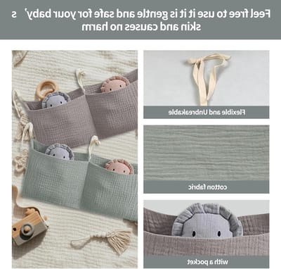 Organiser voor babybed met 2 verstelbare opbergcompartimenten en speelgoedzak voor luiers en kleding (roze + khaki)