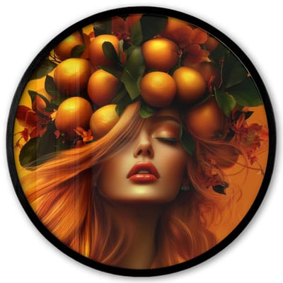 Poster in lijst Rond - Fotolijst 40x40 cm - Posters - Vrouw - Citroenen - Bloesem - Geel - Ronde posterlijst zwart - Decoratie - Wanddecoratie woonkamer - Muurdecoratie slaapkamer