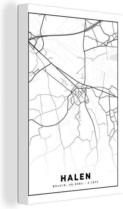 Canvas Schilderij Zwart Wit – België – Plattegrond – Stadskaart – Kaart – Halen - 20x30 cm - Wanddecoratie
